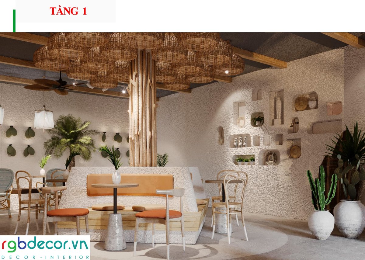 Thiết kế nội thất quán trà sữa TPHCM tông trắng kem, đèn mây tre - NABI tea & more
