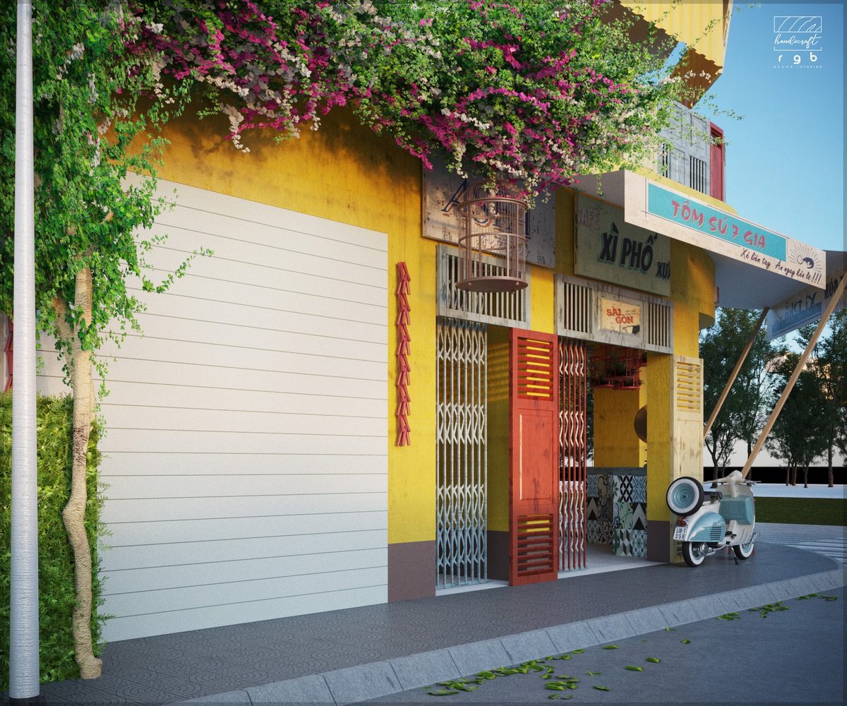 chi phí cải tạo quán cafe cũ - lối vào quán cafe Xì Phố Xưa với cửa kéo và chớp gỗ cũ