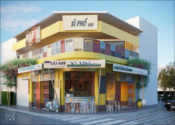 cải tạo quán cafe cũ - mặt tiền quán cafe Xì Phố Xưa phong cách retro Sài Gòn do RGBDecor thiết kế