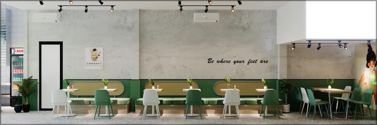 mở quán trà sữa - dãy bàn ghế quán trà sữa Clover Tea do RGBDecor thi công