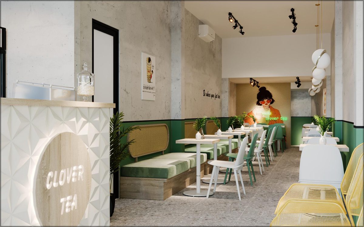 chi phí thiết kế thi công quán trà sữa - khu ghế ngồi quán Clover Tea