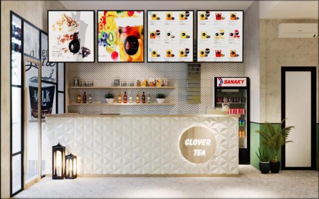 mở quán trà sữa cần bao nhiêu vốn - quầy bar quán trà sữa Clover Tea do RGBDecor thiết kế thi công
