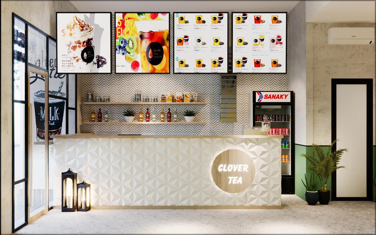 mở quán trà sữa cần bao nhiêu vốn - quầy bar quán trà sữa Clover Tea do RGBDecor thiết kế thi công