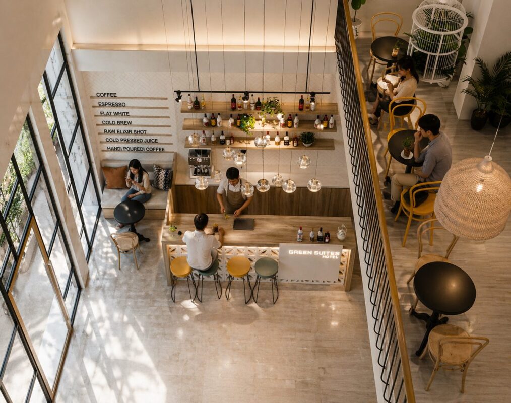 setup quầy bar quán cafe - quầy bar cafe khách sạn 2 tầng do RGBDecor thiết kế