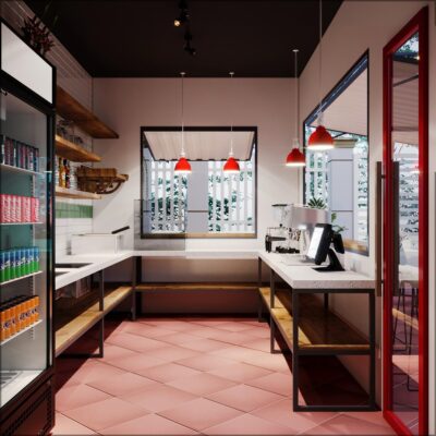 thiết kế quán cafe bình dương - quầy pha chế tông đỏ trắng dự án của RGBDecor