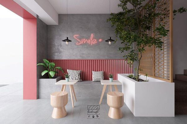 thiết kế quán cafe bình thạnh - góc check-in neon Smile hồng xám dự án 2B House