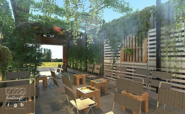 thiết kế quán cafe quận 12 - sân vườn pallet gỗ nhiều cây xanh do RGBDecor thi công