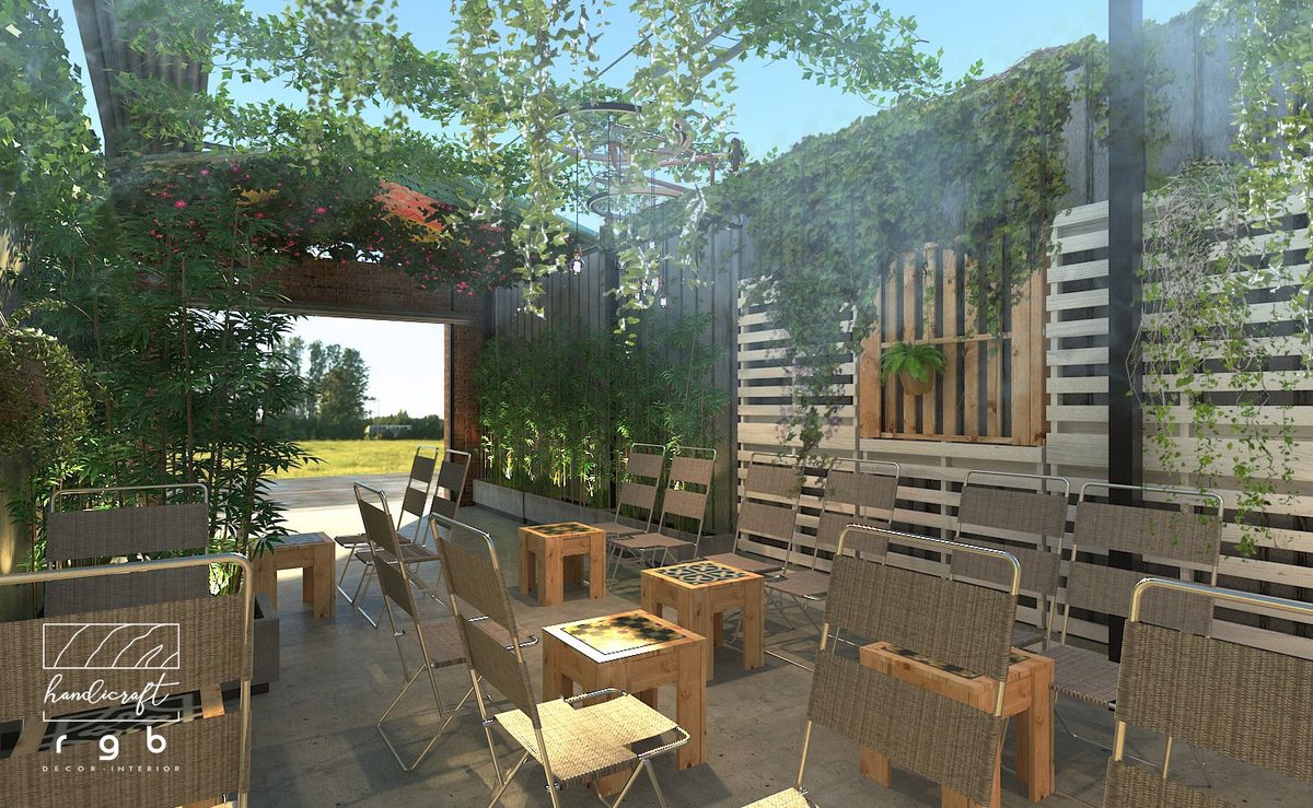 thiết kế quán cafe quận 12 - sân vườn pallet gỗ nhiều cây xanh do RGBDecor thi công
