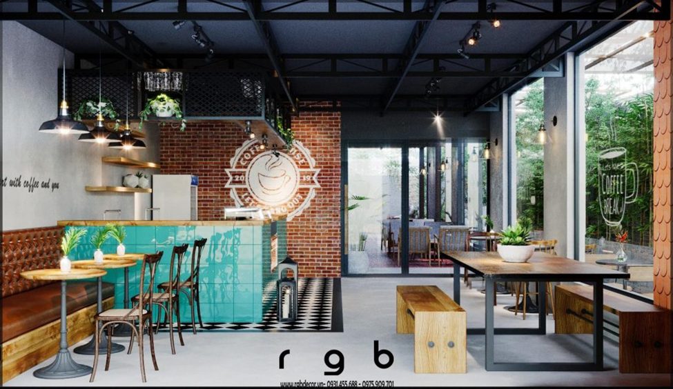thiết kế quán cafe tân bình đẹp - không gian gạch thô đèn vàng ấm