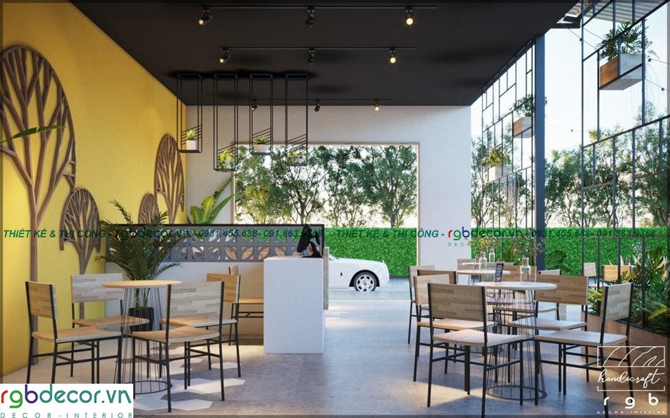 thiết kế quán cafe tân phú - không gian mở quầy bar đá mài Laka Coffee